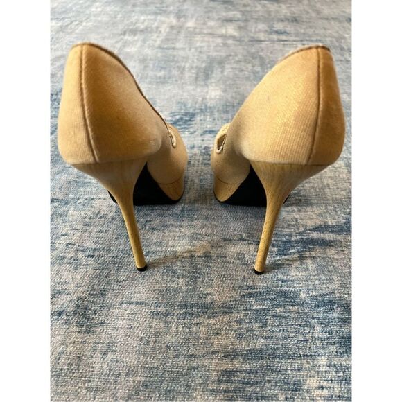 Bebe Yellow Tan Metallic Gold Canvas Platform Peeptoe Stilettos 8.5 - Picture 4 of 12